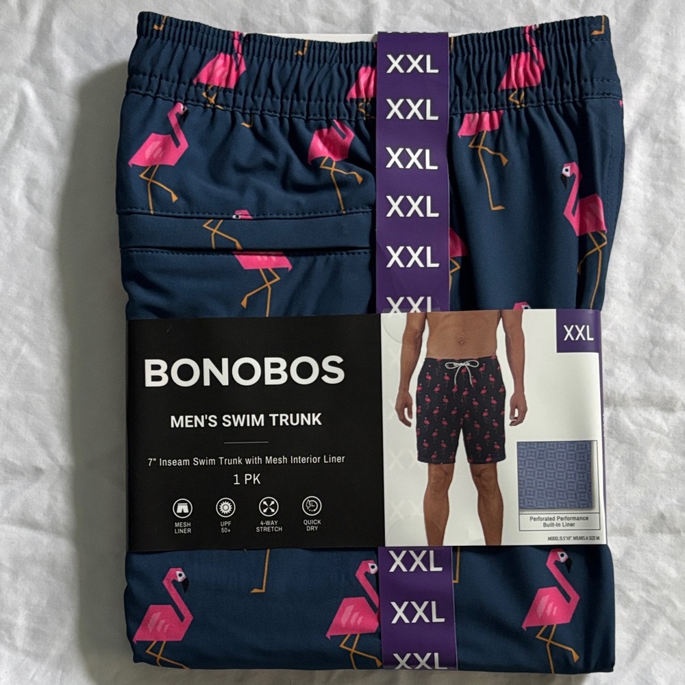 Bonobos Navy Swim Trunks with Bright Pink Flamingo Print